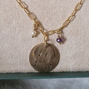 simple gold necklace with initials and birthstones